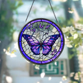 Purple Butterfly Stained Glass SunCatcher Butterfly Light Catcher Window Hanging Butterfly with Flowers Garden Decor